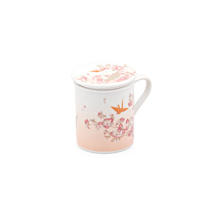 Japanese Tea Cup with Strainer Lid Cherry Blossom Origami Crane Pattern