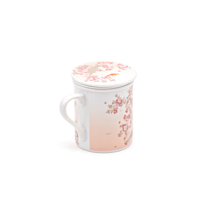 Japanese Tea Cup with Strainer Lid Cherry Blossom Origami Crane Pattern