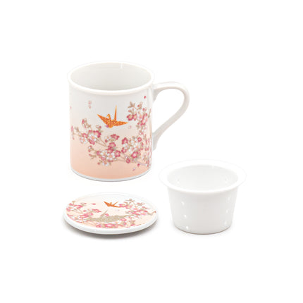 Japanese Tea Cup with Strainer Lid Cherry Blossom Origami Crane Pattern