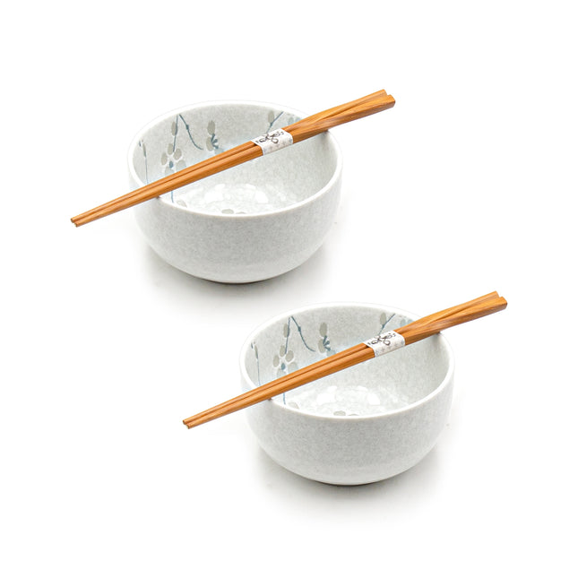 Japanese Flower Noodle Bowl Set with Chopsticks - Gray