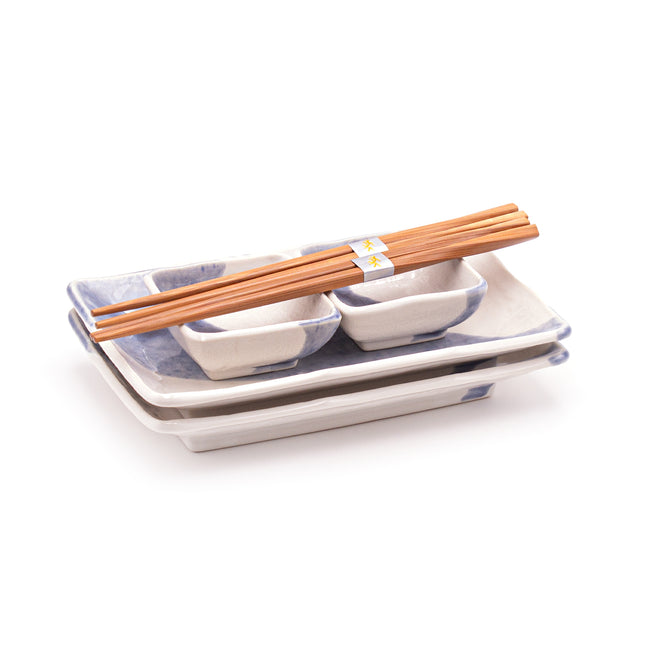 Japanese Blue Brush Stroke Sushi Plate Set for Two - Plate, Sauce Dish, and Chopstick