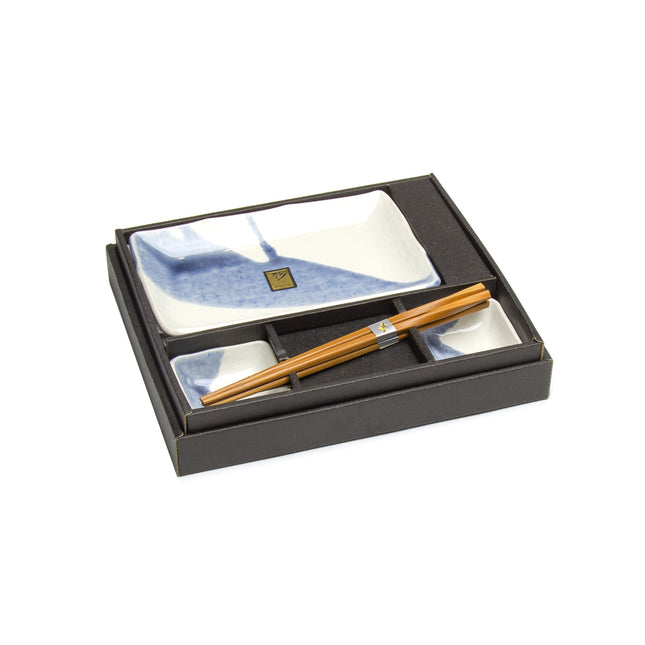 Japanese Blue Brush Stroke Sushi Plate Set for Two - Plate, Sauce Dish, and Chopstick