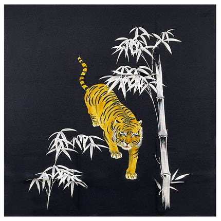 Tiger in White Bamboo Noren Furoshiki Curtain - Black