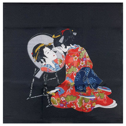 Woman in kimono looking the mirror Noren Furoshiki Curtain - Black