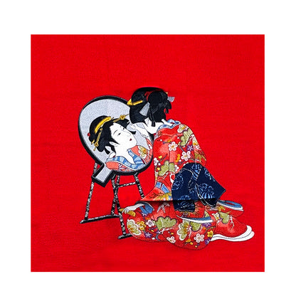 Woman in kimono looking the mirror Noren Furoshiki Curtain - Red