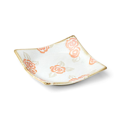 White Ceramic Square Plate Rose Pattern Set of 4