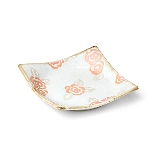 White Ceramic Square Plate Rose Pattern Set of 4
