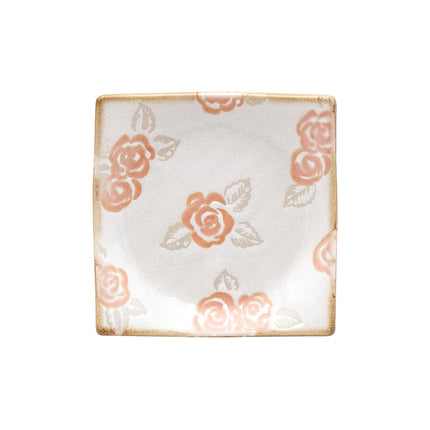 White Ceramic Square Plate Rose Pattern Set of 4
