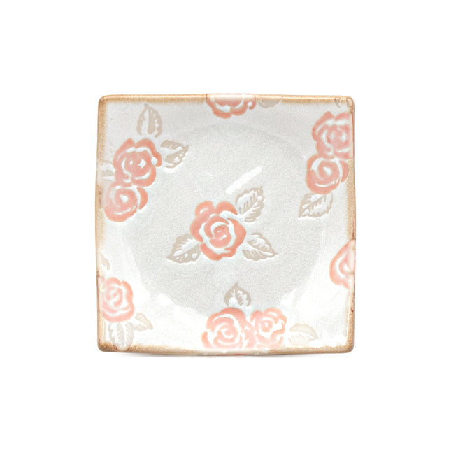 Japanese White Ceramic Square Plate Rose Pattern Set of 4