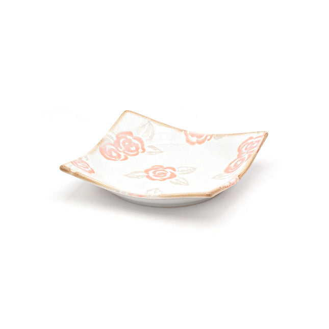 Japanese White Ceramic Square Plate Rose Pattern Set of 4