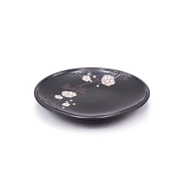 Japanese Flower Pattern Round Plate 7 1/2"D 2pc Set - Black