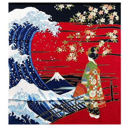 Woman in Kimono Looking at the Ocean Furoshiki Art - Red