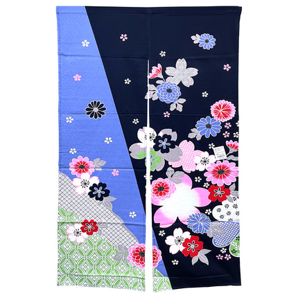 Colorful Floral Pattern Noren Furoshiki Curtain - Blue