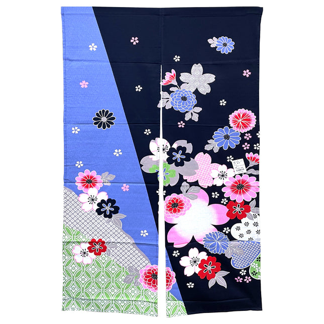 Colorful Floral Pattern Noren Furoshiki Curtain - Blue