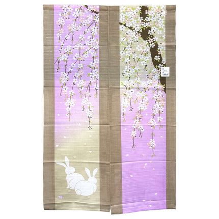 White Rabbits and Sakura Tree Noren Furoshiki Curtain - Pink, Brown