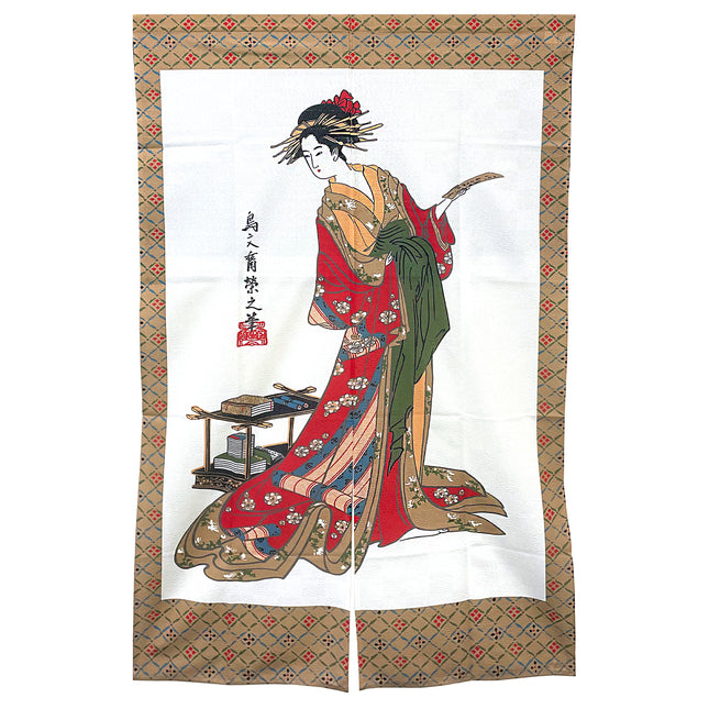 Woman in Kimono Standing Noren Furoshiki Art - Brown