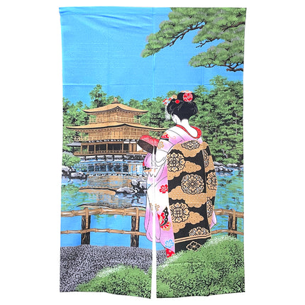 Woman in Kimono Gazing Rokuon-ji Noren Furoshiki Curtain - Blue