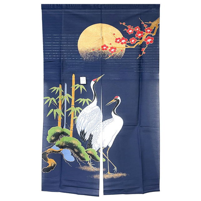 Moon Bamboo Flowers Cranes Noren Furoshiki Curtain - Navy