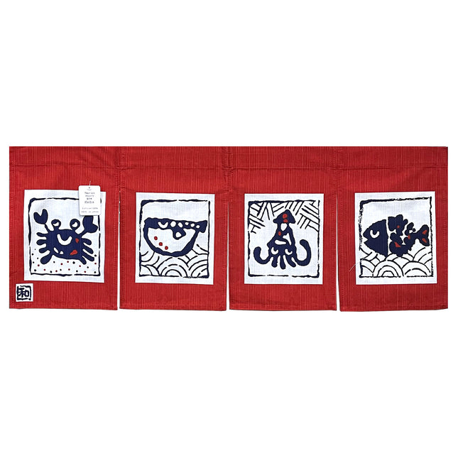 Crab, Blowfish, Squid and Fish Noren Furoshiki Art - Red