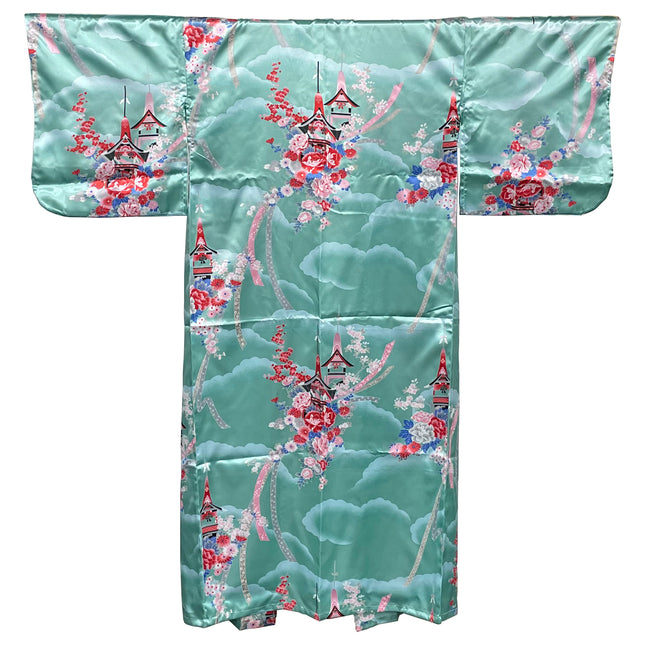 Cotton Flower and Temple Kimono Robe - Green