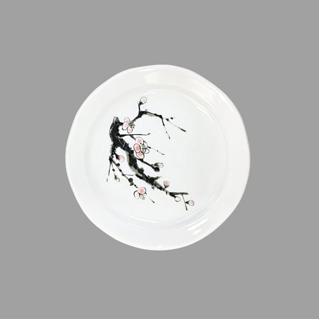 White Ceramic Plate Pink Blossom Brush 4.75"D - Set Of 4