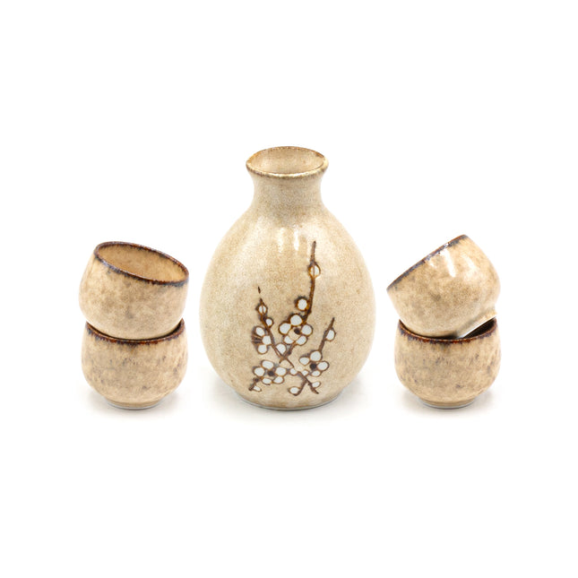 Japanese Sake Set Flower Pattern - Beige