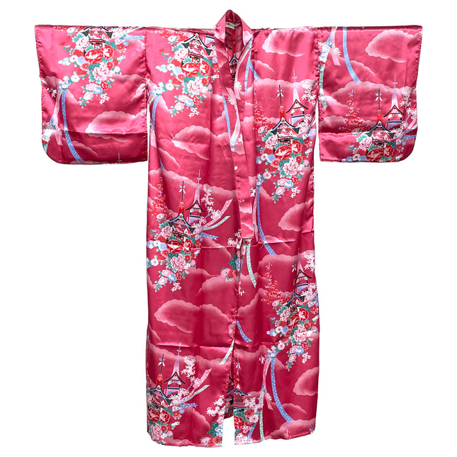 Flowers and Temple Kimono Robe - Pink