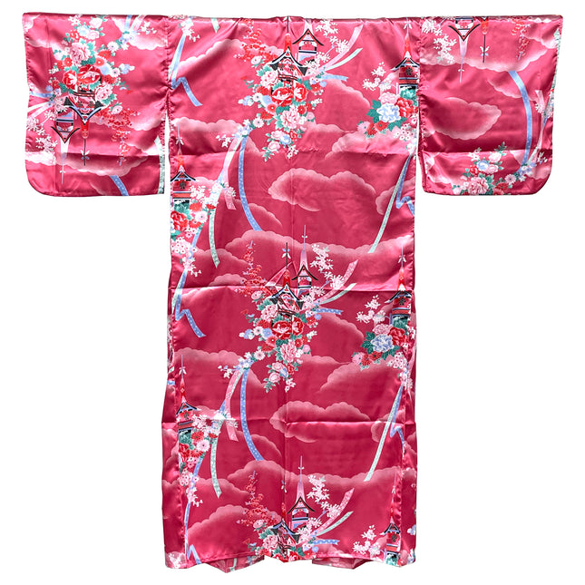 Flowers and Temple Kimono Robe - Pink