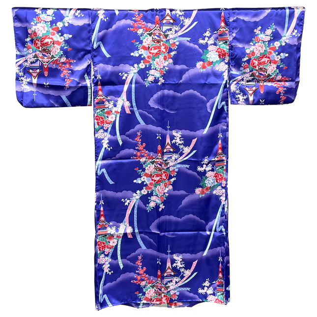 Flowers and Temple Kimono Robe - Purple