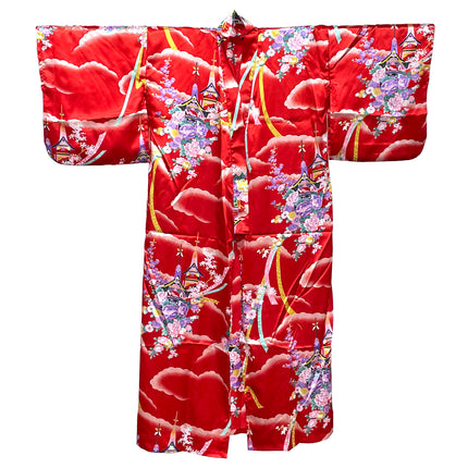 Flowers and Temple Kimono Robe - Red