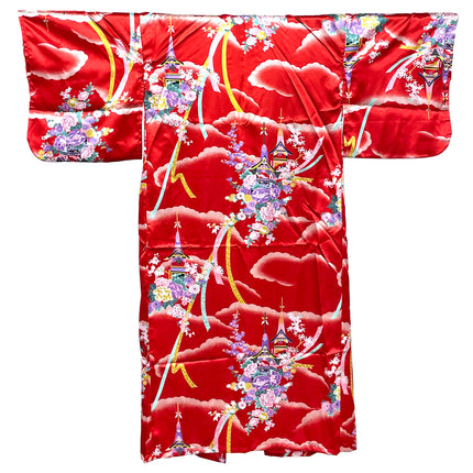 Flowers and Temple Kimono Robe - Red