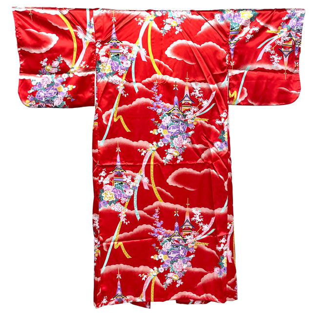 Flowers and Temple Kimono Robe - Red