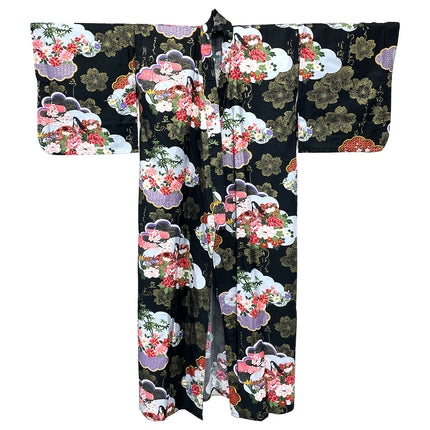 Woman in Flower Field Cotton Kimono Robe - Black