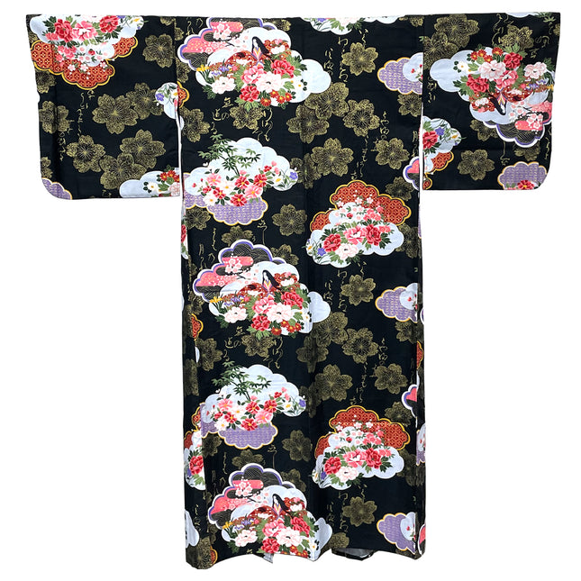 Woman in Flower Field Cotton Kimono Robe - Black