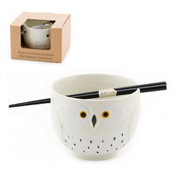 Stony Owl Noodle Bowl with Chopsticks, White