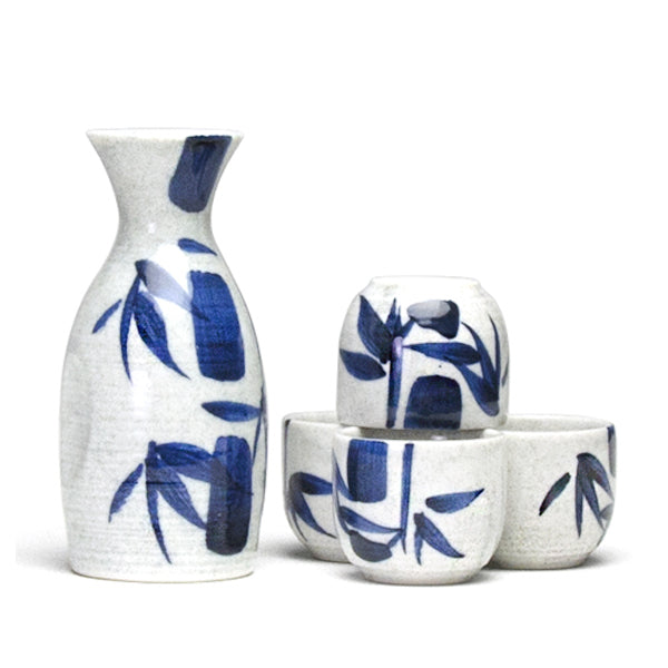 Japanese Sake Set Blue Bamboo Pattern - White