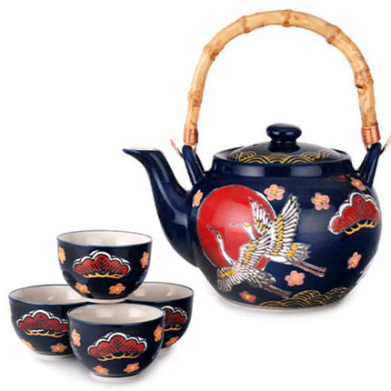 Ceramic Tea Pot and Cup Set Crane Pattern - Navy