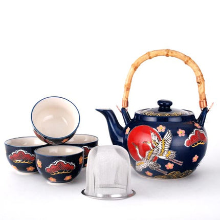 Ceramic Tea Pot and Cup Set Crane Pattern - Navy