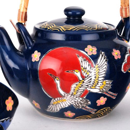 Ceramic Tea Pot and Cup Set Crane Pattern - Navy