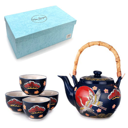 Ceramic Tea Pot and Cup Set Crane Pattern - Navy