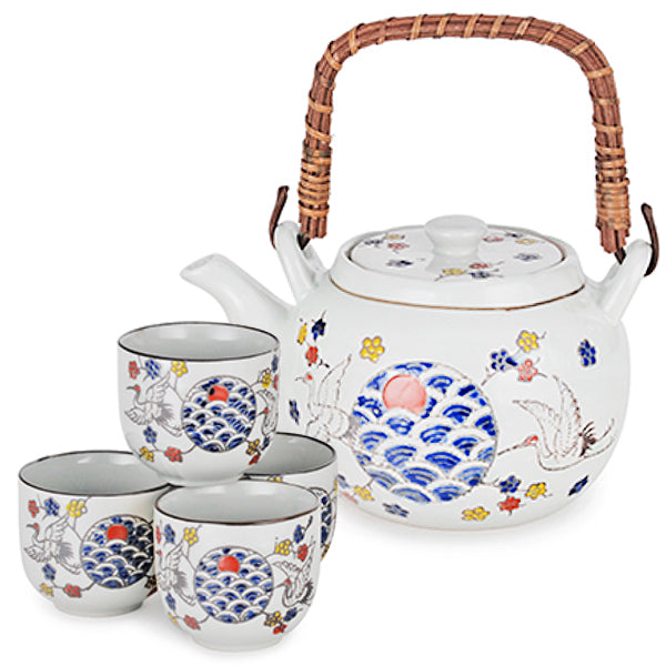 Ceramic Tea Pot and Cup Set Crane Pattern -White