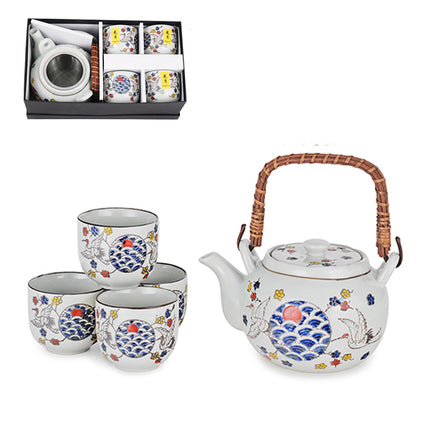 Ceramic Tea Pot and Cup Set Crane Pattern -White