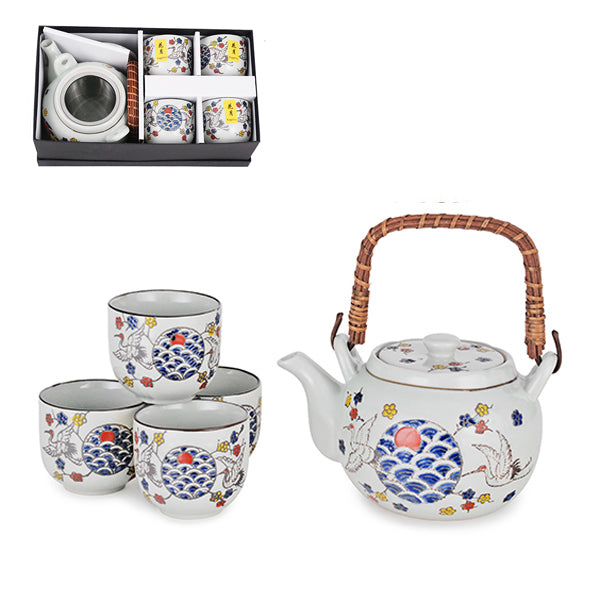 Ceramic Tea Pot and Cup Set Crane Pattern -White