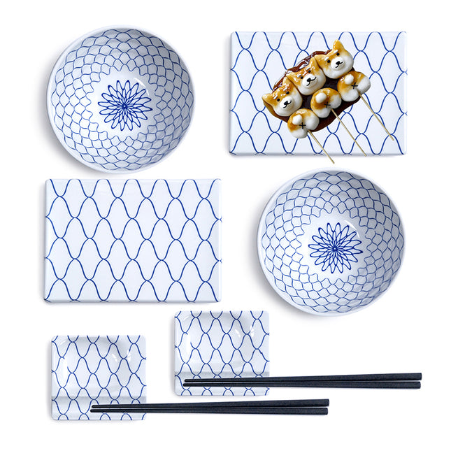 Melamine Sushi Plate Bowl Set for 2 -White, Blue