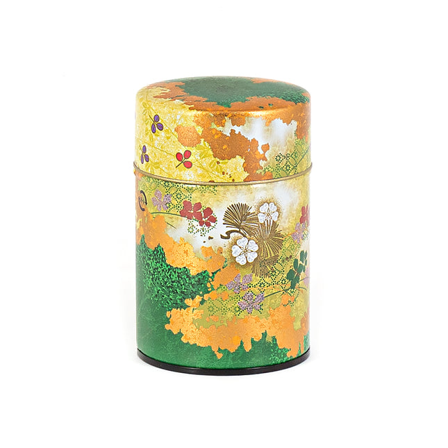 Flower and Leaves Foliage Tin Tea Canister Container 4"H - Green