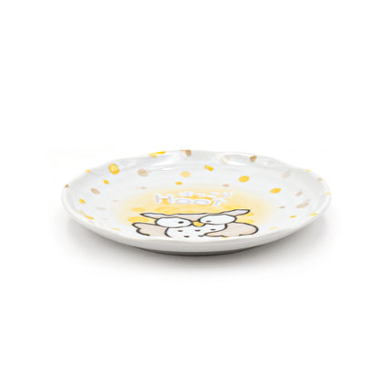 Yellow Ceramic Plate with Owl and Dot Pattern Set of 4