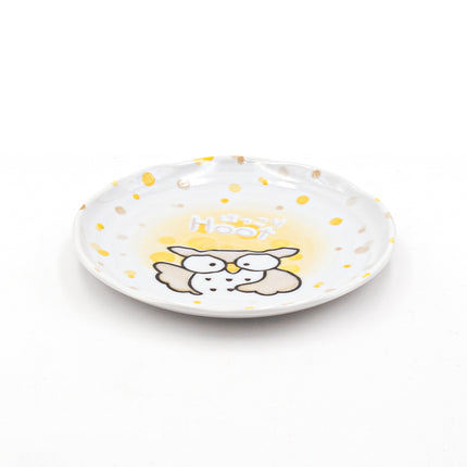Yellow Ceramic Plate with Owl and Dot Pattern Set of 4