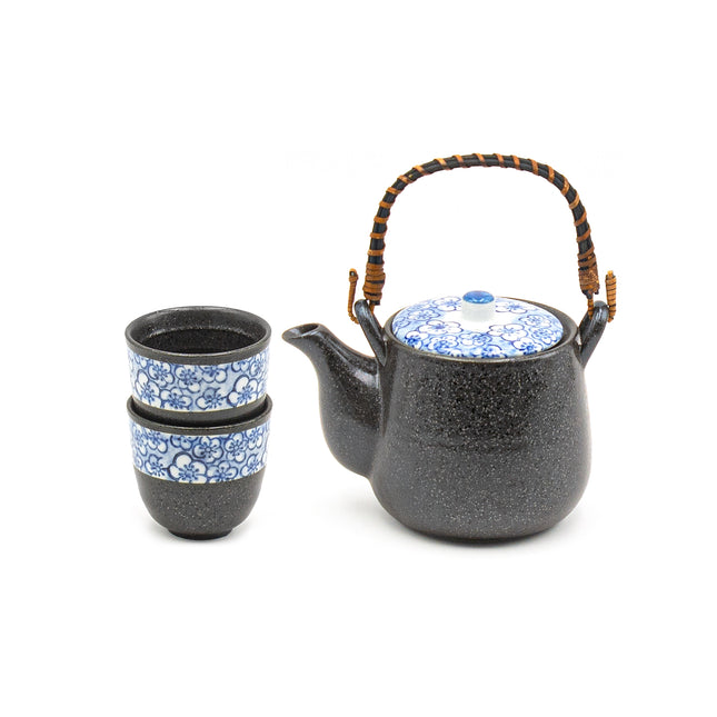 Black Ceramic Tea Set – Blue Floral Accent Edition