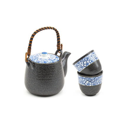 Black Ceramic Tea Set – Blue Floral Accent Edition
