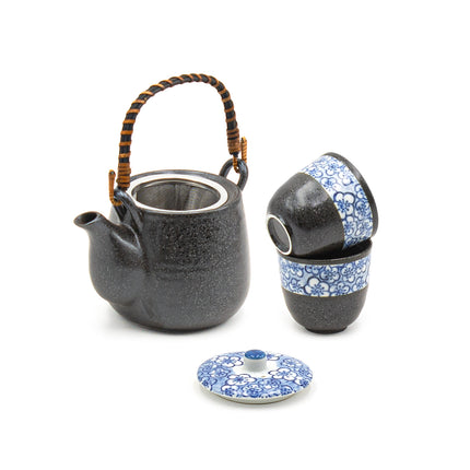 Black Ceramic Tea Set – Blue Floral Accent Edition